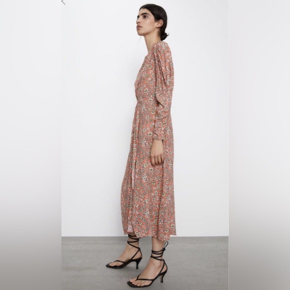 ZARA Floral Printed Long Puff Ruched Sleeve Draped‎ Midi Dress Size Small - Picture 11 of 16